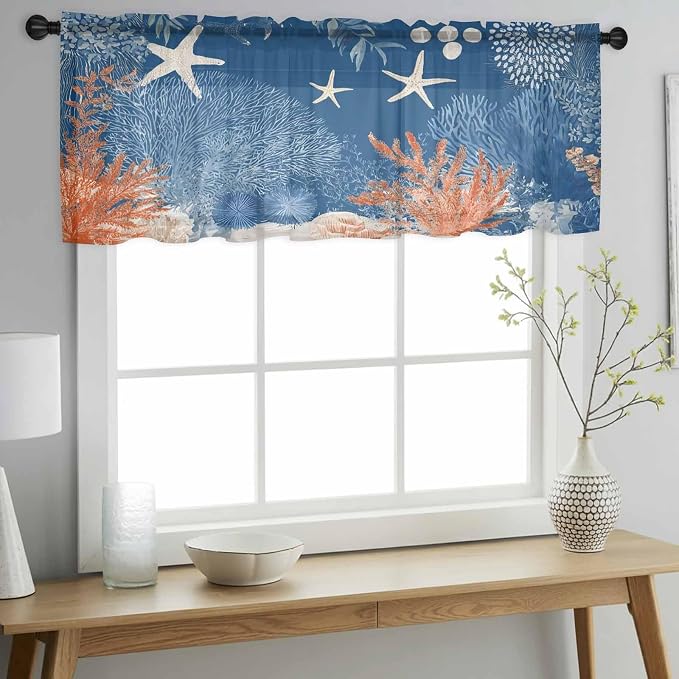 Ocean Corals Sheer Valance Curtains, Summer Beach Coral Sea Stars Dark Blue - Image 3