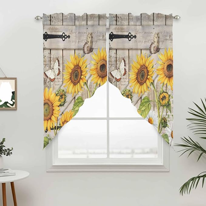 Farm Flowers Swag Valances for Windows, Retro Sunflowers Barn Doors Butterfly - Image 3