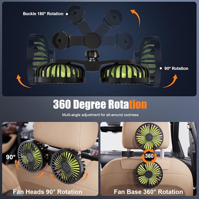 Hayousui USB Car Cooling Fans for Backseat: Dual Head Car Fan for Kids 3 Speeds - Image 4