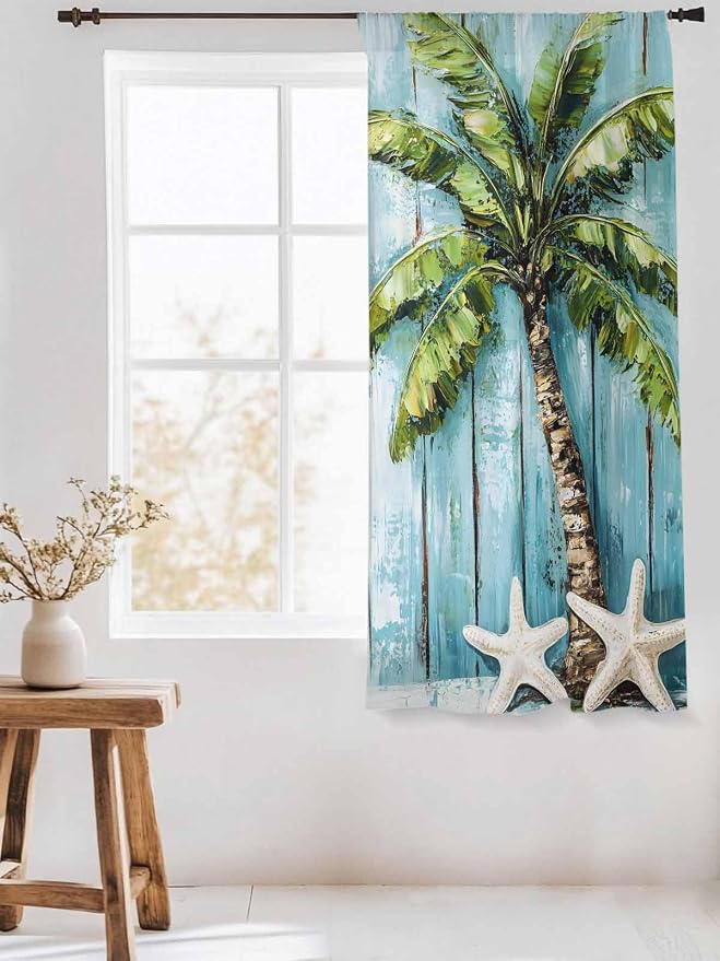 Sheer Curtains 63 Inch Length, Coastal Beach Starfish Semi Sheer Curtains Light - Image 3
