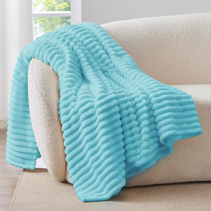 BEDELITE Fleece Throw Blanket for Couch - 300GSM Soft & Warm Fluffy Sky Blue Blanket, Decorative and Giftable Striped Blankets for Women, Men, 50"x60"