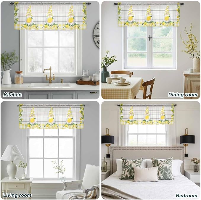 Lemon Dwarfs Sheer Valance Curtains, Gnome Green Leaf Wood Striped Yellow Plaid - Image 9