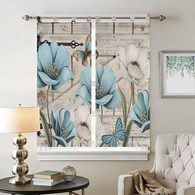 Teal Blue Tulips Living Room Curtains 84 Inch Length, Window Curtains Tab Top - Image 2