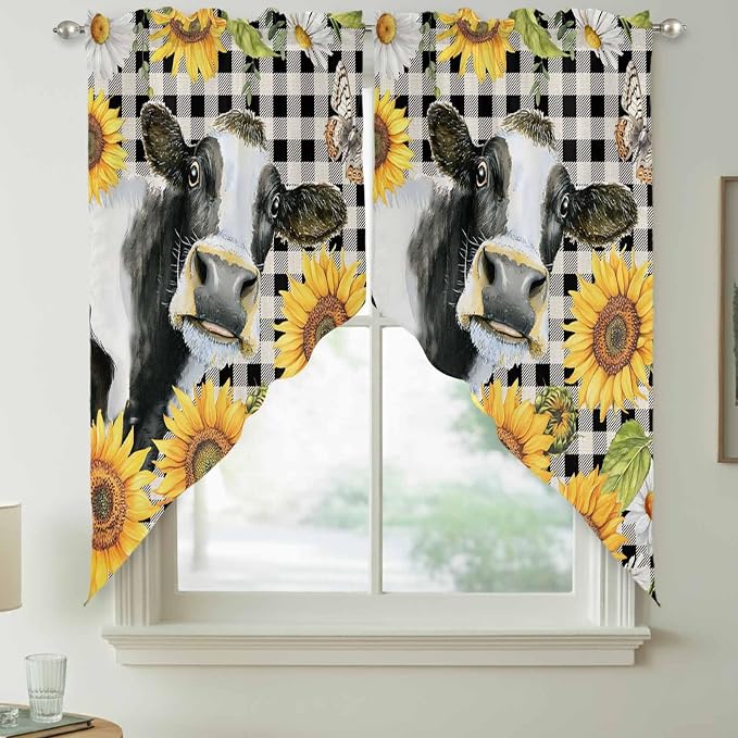 Retro Sunflowers Swag Valances for Windows, Farmhouse Floral Cow Butterfly - Image 7
