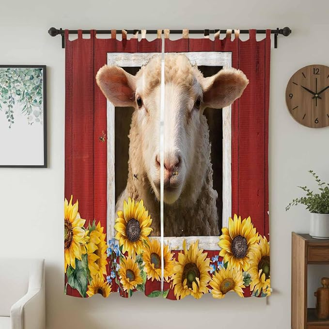 Sheep Sunflower Living Room Curtains 84 Inch Length, Window Curtains Tab Top - Image 2
