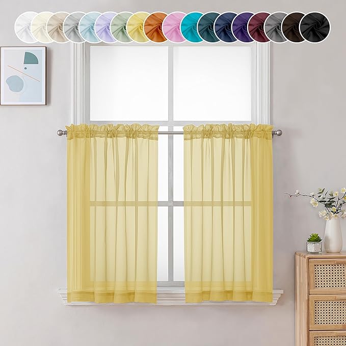 Chyhomenyc Mustard Yellow Short Sheer Curtains 36 inch Length, Light Filtering Half Window Curtians for Kitchen, Elegant Small Curtain for Basement Bathroom Cabinet, 42Wx36L inches, 2 Panels