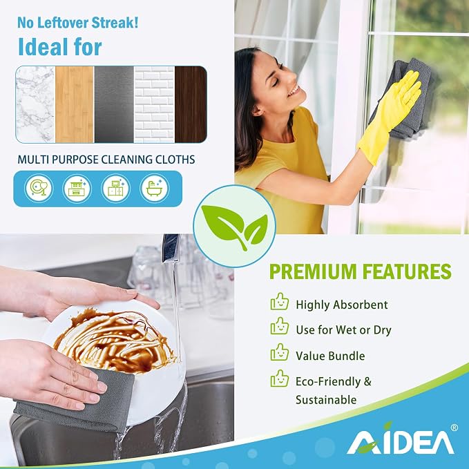 AIDEA Microfiber Cleaning Cloth Grey 12PK, Microfiber Towels - Image 6