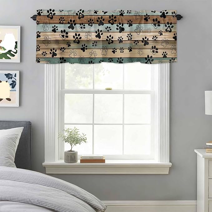 Dog Paws Valances for Windows, Teal Brown Wood Grain Kitchen Valance Light - Image 3