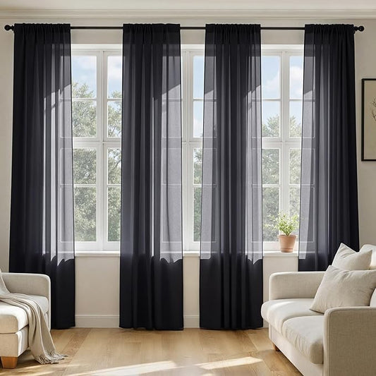 MIULEE Black Sheer Curtains 90 Inches Long, 4 Panels Set, Light Filtering Halloween Rod Pocket Voile Drapes for Living Room and Bedroom, Airy Soft Fabric Window Treatments, 42 x 90 Inches