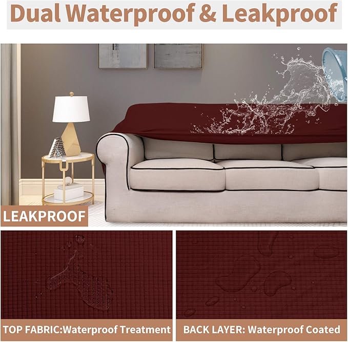 Easy-Going 100% Waterproof Couch Cover, Dual Waterproof Sofa Cover, Stretch Jacquard Sofa Slipcover, Leakproof Furniture Protector for Kids, Pets, Dog and Cat (Oversized Sofa, Wine)