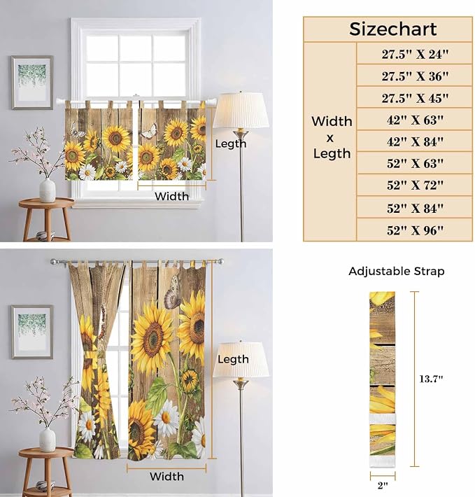 Farmhouse Sunflowers Kitchen Curtains 24 Inch Length, Small Window Curtains Tab - Image 8