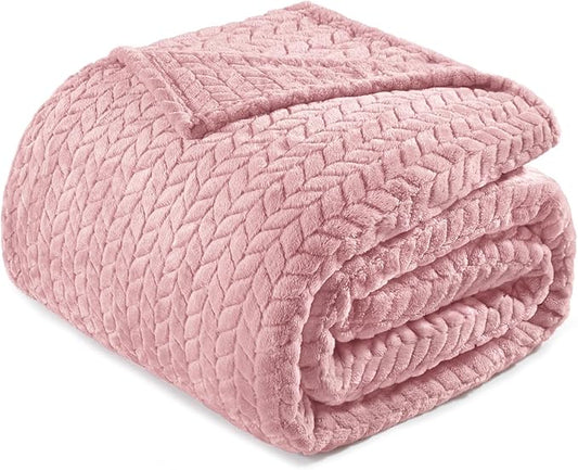 Exclusivo Mezcla Fleece Queen Size Blanket for Bed, 90x90 Inches Soft Cozy Jacquard Flannel Blankets, Lightweight Fuzzy Plush Warm for Women, Pink