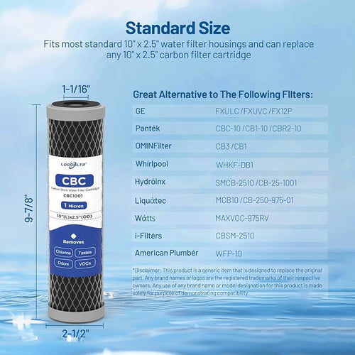 1 Micron 10" x 2.5" Whole House CTO Carbon Block Water Filter Cartridge - Image 2