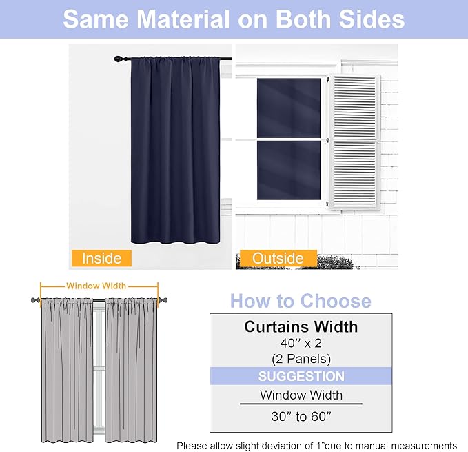 Simplebrand Ava Navy Blue Short Blackout Curtains for Bedroom 45 Inches Long 2 Panels Set, Solid Thermal Insulated, Energy Saving Window Treatment Curtains Blackout Drapes, W40 x L45 Inch, Navy Blue