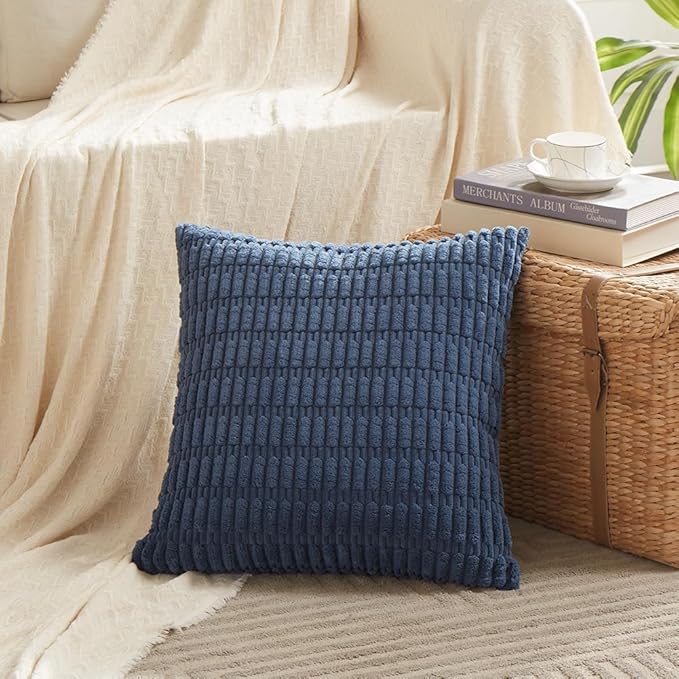 Fancy Homi 4 Packs Dusty Blue Decorative Throw Pillow Covers 20x20 Inch for Living Room Couch Bed Sofa, Rustic Farmhouse Boho Home Decor, Soft Plush Striped Corduroy Square Cushion Case 50x50 cm