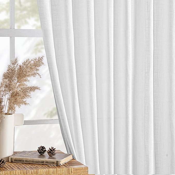 MIULEE White Linen Curtains 100 Inch Long 2 Panels for Bedroom Living Room, Soft Thick Linen Textured Back Tab Window Drapes Semi Sheer Light Filtering Rod Pocket Modern Farmhouse Decor