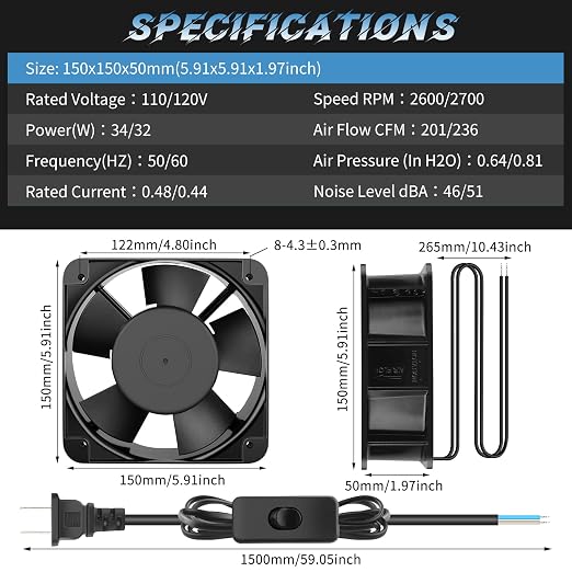 Big Airflow Axial 110V 120V AC 150mm x 50mm Metal Fan - Image 6