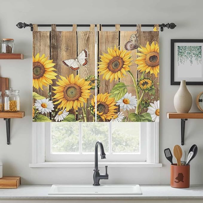 Farmhouse Sunflowers Bedroom Curtains 63 Inch Length, Window Curtains Tab Top - Image 3
