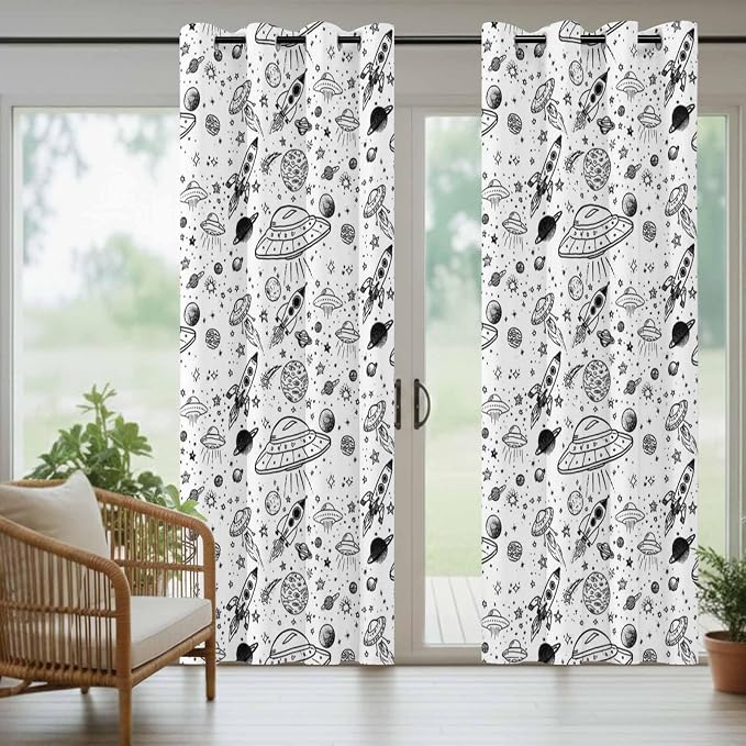 Cartoon Space Outdoor Curtains for Patio Rockets Astronauts Planets Black - Image 6