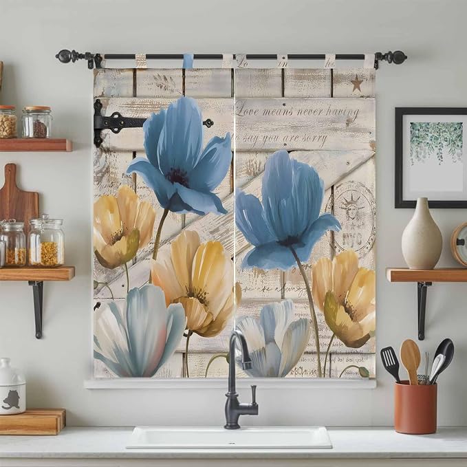 Blue Yellow Tulips Bedroom Curtains 72 Inch Length, Window Curtains Tab Top - Image 3