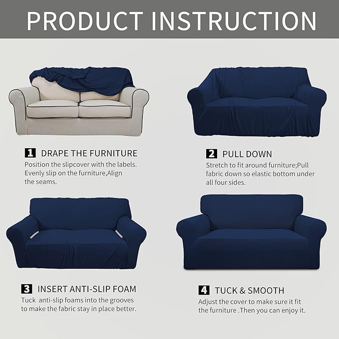 Easy-Going Stretch Oversized Loveseat Slipcover 1-Piece Sofa Cover Furniture Protector Couch Soft with Elastic Bottom for Kids Polyester Spandex Jacquard Fabric Small Checks Navy