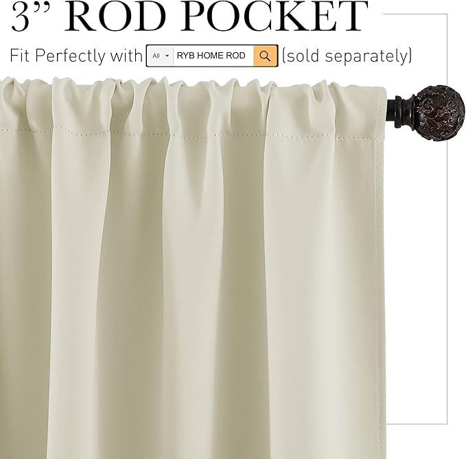 RYB HOME Curtains for Bedroom Living Room 72 inches Long, Thermal Insulated Privacy Rod Pocket Drapes for Nursery Office Home Theater, Width 42 by Length 72, Beige, 2 Panels