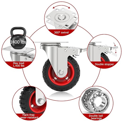 5" Swivel Caster Wheels with Safety Dual Locking and Rubber Tire Wheels - Image 4