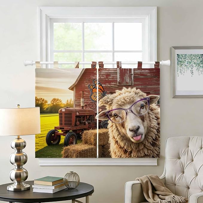 Farm Sheep Bedroom Curtains 63 Inch Length, Window Curtains Tab Top, Farmhouse - Image 2