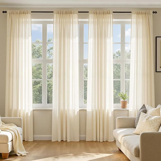 MIULEE Butter Cream Sheer Curtains 108 Inches Long, 4 Panels Set, Rod Pocket Voile Drapes Light Filtering and Semi Transparent, Elegant Window Treatments for Bedroom Living Room,54 x 108 Inches