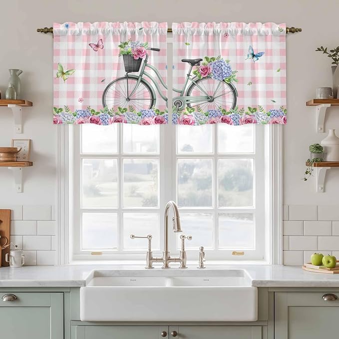 Spring Tier Curtains, Bicycles Leaves Butterfly Flowers Pink Buffalo Plaid - Image 2