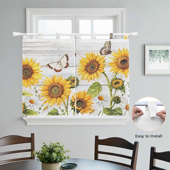 Yellow Sunflowers Kitchen Curtains 45 Inch Length, Short Cafe Window Curtains - Image 4