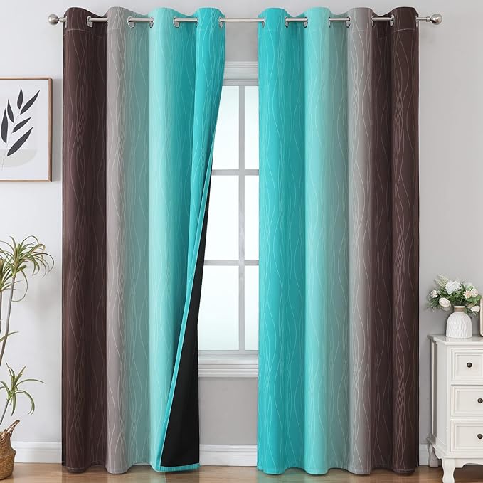 Estelar Textiler Ombre Blackout Curtains 102 Inches Long 2 Panels Set, Brown and Teal Thermal Insulated Drapes for Bedroom, Full Room Darkening Grommet Curtains for Living Room, 52Wx102L