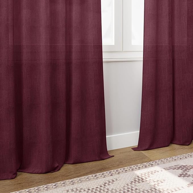 Nanspring Burgundy Linen Curtains for Living Room 98 Inches Long Light Filtering Semi Sheer Curtain Back Tab Vintage Boho Decor Elegant Luxury Drapes for Bedroom Dinner Room 52x98, 2 Panels