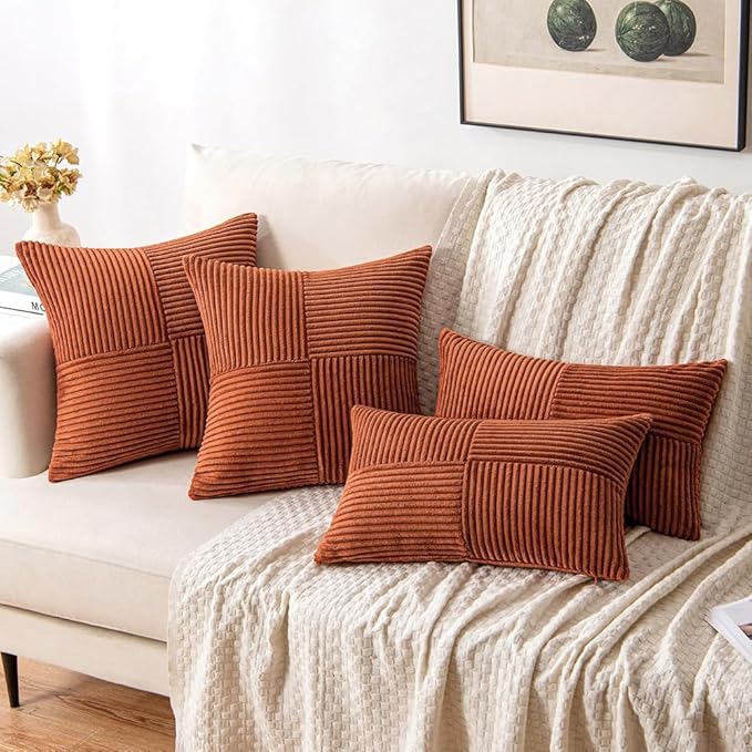MIULEE Dark Rust Decorative Throw Pillow Covers 20x20 Inch for Couch Bed Sofa Pack of 2 Terracotta Boho Farmhouse Throw Pillows Fall Soft Cross Corduroy Patchwork Textured Cushion Cases