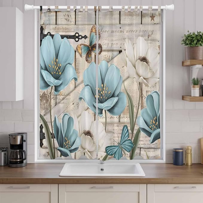 Teal Blue Tulips Living Room Curtains 84 Inch Length, Window Curtains Tab Top - Image 9