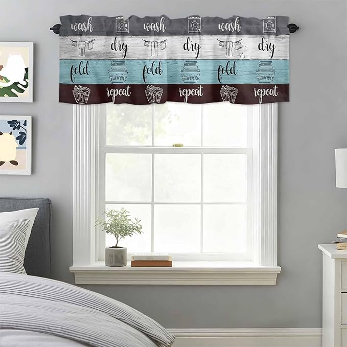 Laundry Rules Valances for Windows, Retro Blue White Wood Board Grain Kitchen - Image 3
