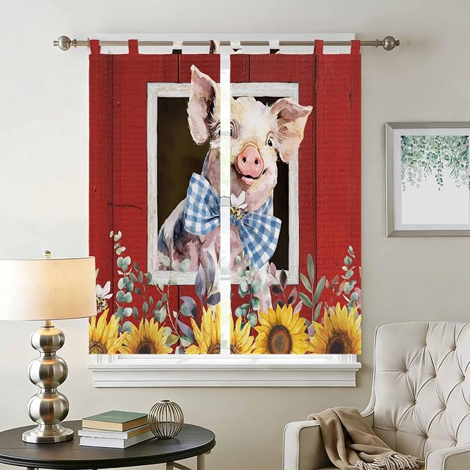 Pig Sunflowers Bathroom Curtains 63 Inch Length, Window Curtains Tab Top - Image 2