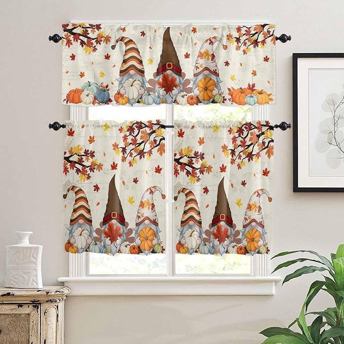 Fall Kitchen Curtain Set, Thanksgiving Gnomes Maple Leaf Pumpkin Beige Window - Image 2