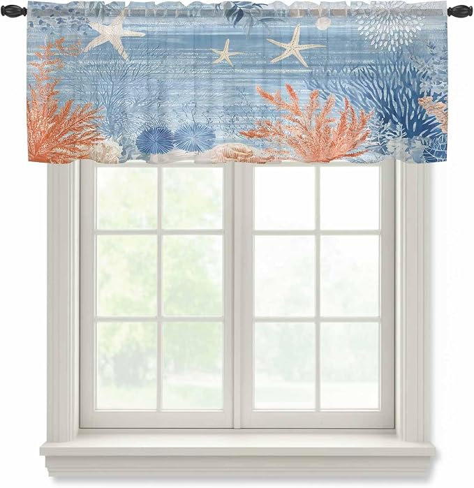 Ocean Corals Sheer Valance Curtains, Summer Beach Coral Sea Stars Blue Stripes by Houseown