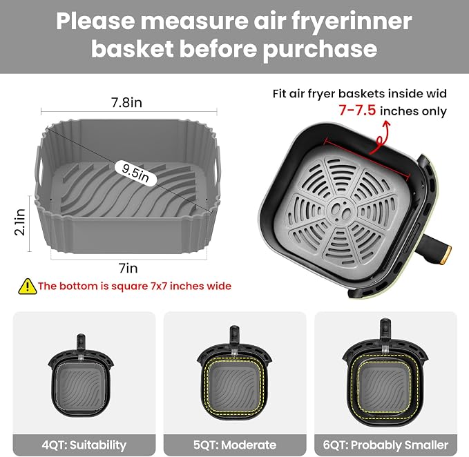 Redfly 2 Pack Silicone Air Fryer Liners, Square Reusable Non-Stick Basket - Image 3