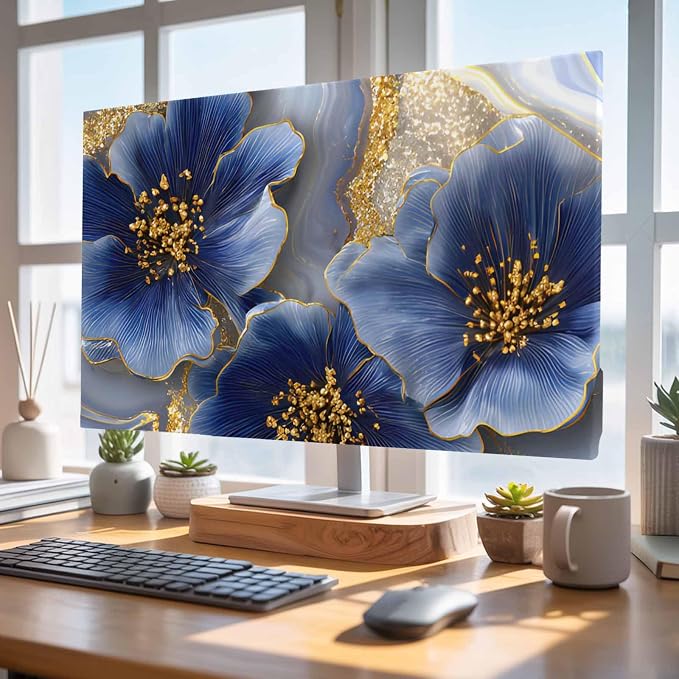 Watercolor Blue Flower Abstract Gold Indoor TV Cover, Elastic TV Screen - Image 4