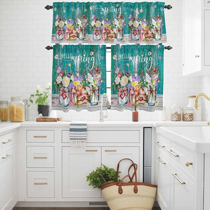 Kitchen Curtains Tiers and Valance Set of 3, Spring Flowers Light Filtering - Image 3