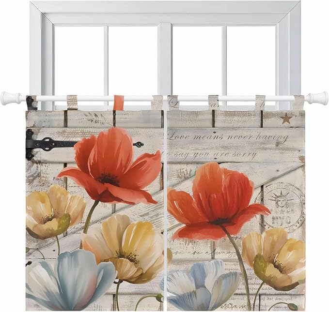 Retro Floral Kitchen Curtains 45 Inch Length, Short Cafe Window Curtains Tab Top by Unknown