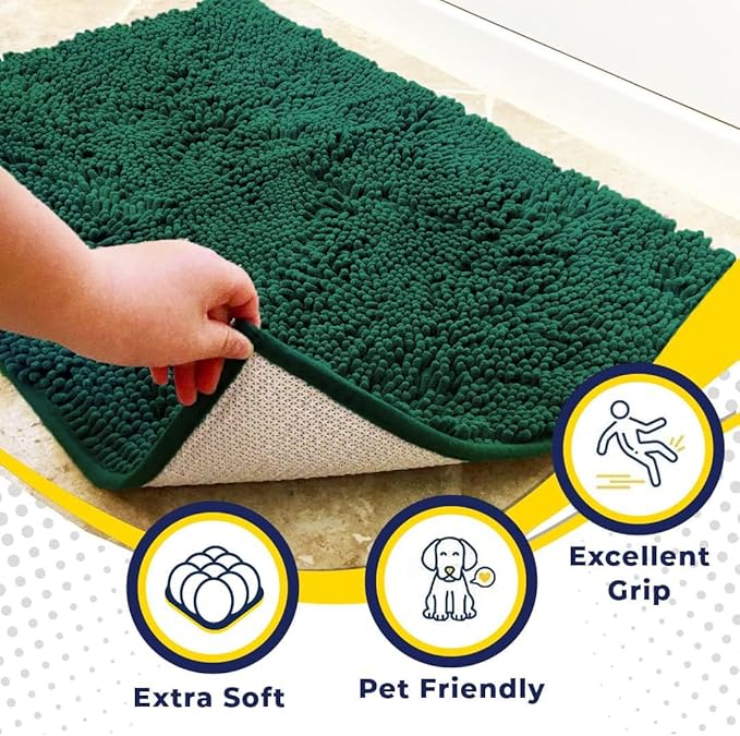 Muddy Mat® | Super Absorbent Door Mat Indoor, Microfiber Quick Dry Chenille Entryway Rug, Non-Slip Front Door Mat, Indoor Mats for Entryway, Machine Washable Pet Rug, Dark Green 24" x 96"