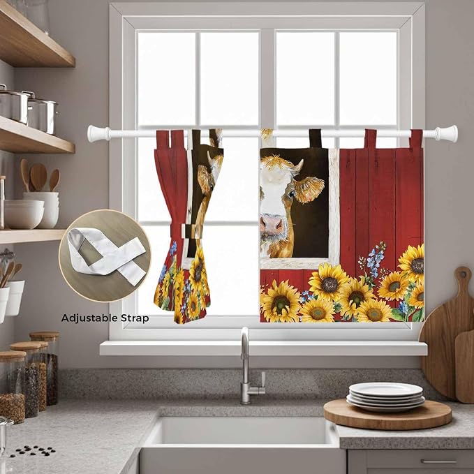 Cows Sunflowers Kitchen Curtains 36 Inch Length, Small Window Curtains Tab Top - Image 5