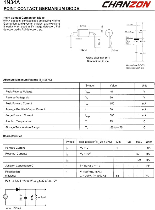 Chanzon 1N34A 1N34 Schottky Diode 50mA 65V DO-35 IN34A IN34 Axial - Image 2