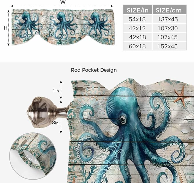 Sea Octopus Ocean Starfish Tie Up Valance Curtains, Nautical Anchor Vintage - Image 6