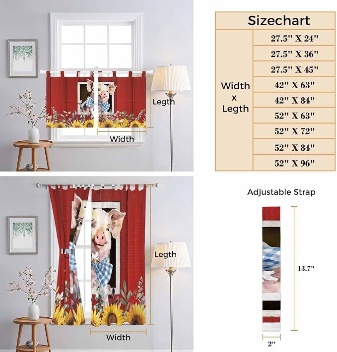 Pig Sunflowers Kitchen Curtains 24 Inch Length, Small Window Curtains Tab Top - Image 8