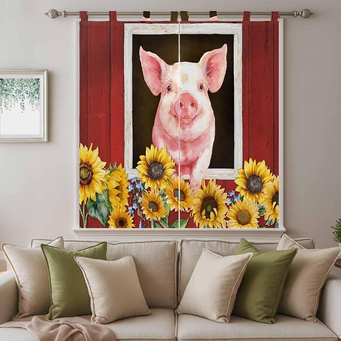 Pigs Sunflowers Bedroom Curtains 72 Inch Length, Window Curtains Tab Top - Image 9