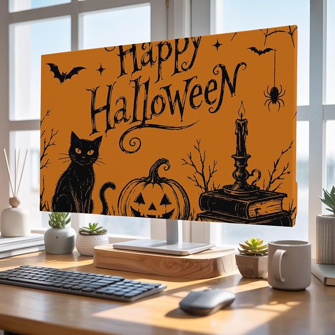 Halloween Black Cat Pumpkin Dead Trees Indoor TV Cover, Elastic TV Screen - Image 5